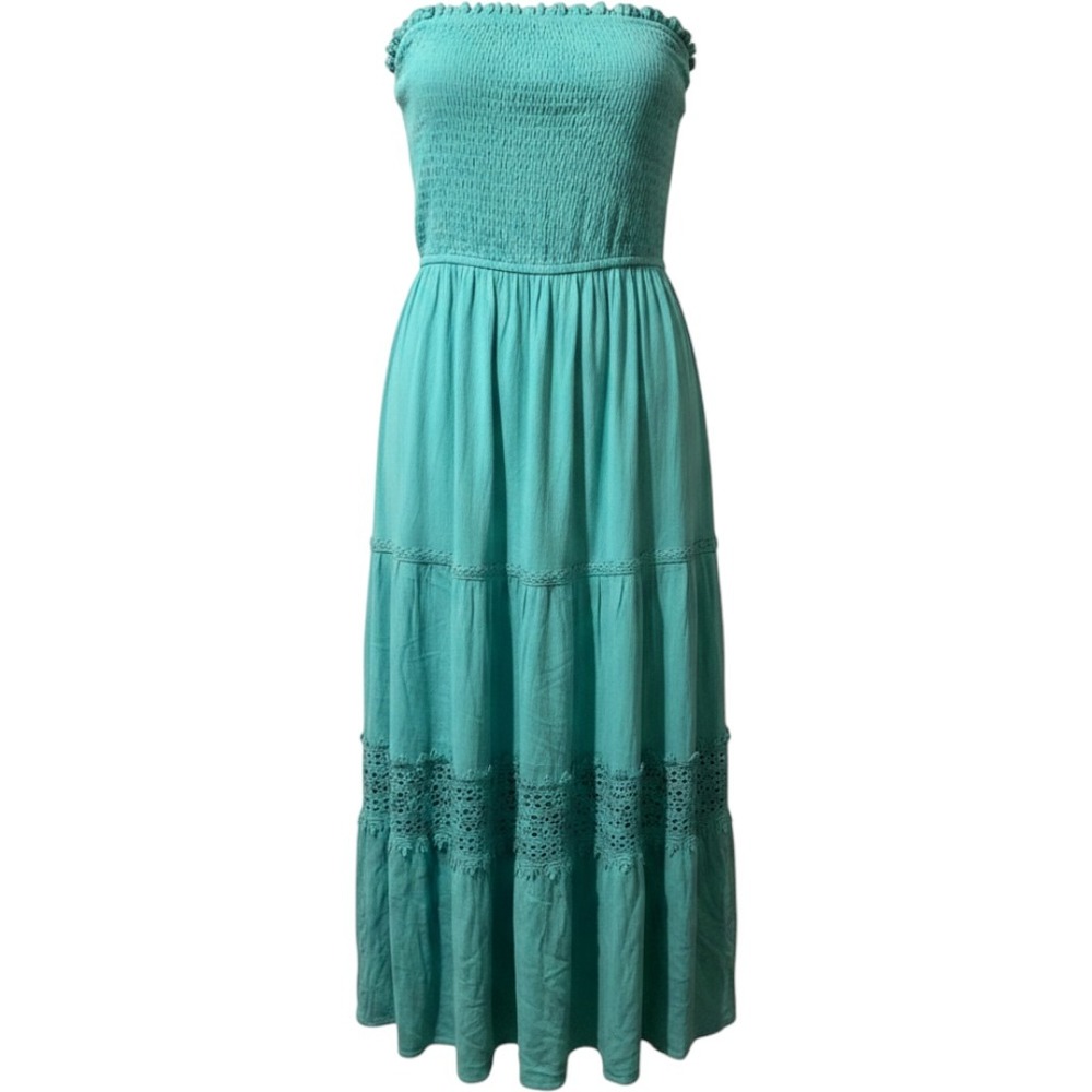 Zesica Turquoise Strapless Smocked Maxi Dress Medium Crochet Lace Tiered Rayon‎